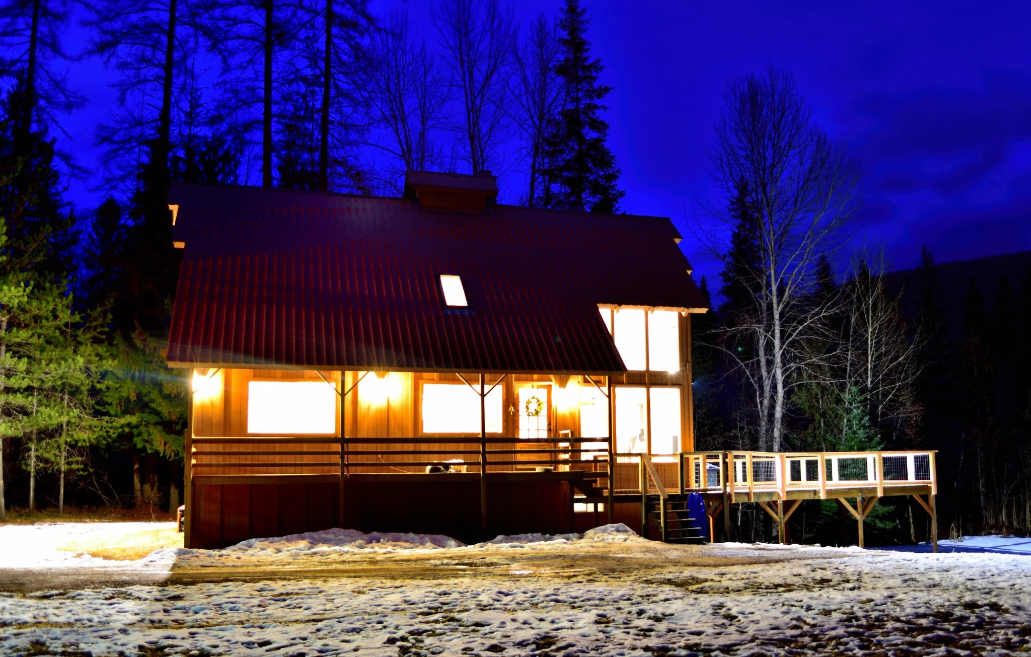 Winter cabin at blue hour